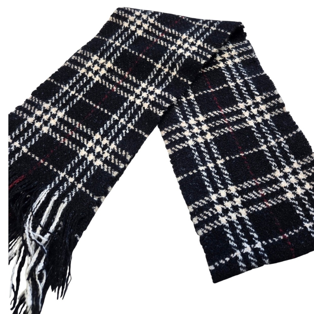 Burberry London Merino Wool Angora Plaid Scarf Black Cream Red Made in Scotland - Picture 4 of 6
